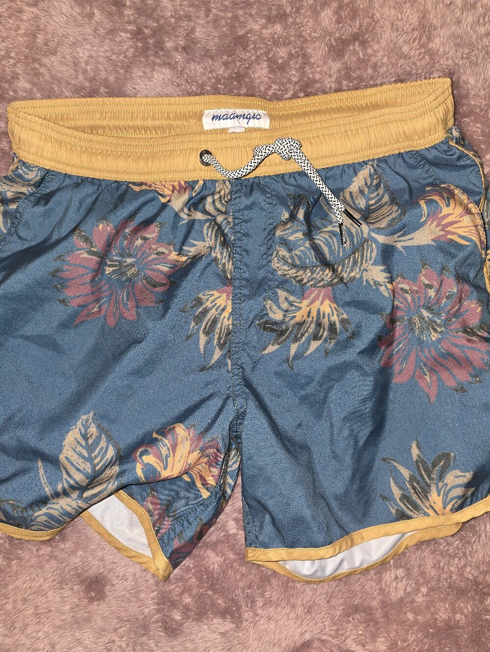 Maamgic Men's Teal Floral Swim Trunks with Mustard Waistband